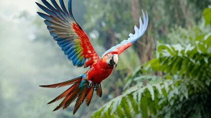Aufkleber - Macaw mid-flight through tropical foliage with wings fully spread. 