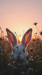 Aufkleber - Close-up of rabbit ears poking out from tall grass under morning light. 