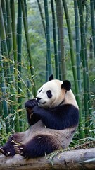 Poster - Panda sitting in bamboo forest munching leaves with relaxed posture. 