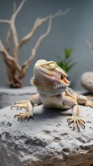Poster - Bearded dragon basking on heated rock under terrarium light. 