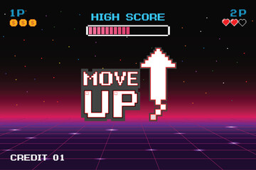 Wall Mural - move up icon pixel art. 8 bit game. retro game. retro futurism sci-fi background. glowing neon grid.