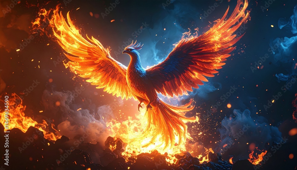 Epic phoenix rising from fiery ashes fantasy realm digital art dramatic ...