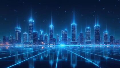Poster - Illustration features blue city skyline with neon lights reflection. Urban night scene with skyscrapers, modern architecture and futuristic technology. Digital art for business, tech, design themes.