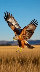 Poster - Hawk diving at full speed from sky toward prey in open grassland. Sharp eyes, wing angle, intense hunting motion.
