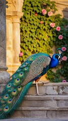 Poster - Peacock spreading tail feathers under bright garden sun. Color explosion, proud stance, ornamental detail.
