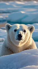 Poster - Polar bear lying flat on ice staring directly at camera. Close composition, calm mood, wild curiosity.
