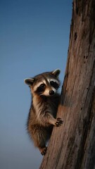 Poster - Raccoon climbing down tree trunk with paws reaching. Mischievous expression, urban edge forest, dusk lighting.
