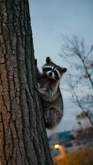 Poster - Raccoon climbing down tree trunk with paws reaching. Mischievous expression, urban edge forest, dusk lighting.
