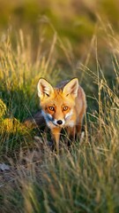 Poster - Young fox resting in long grass with one eye watching the camera. Natural hiding, golden light, curious realism.
