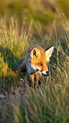 Poster - Young fox resting in long grass with one eye watching the camera. Natural hiding, golden light, curious realism.
