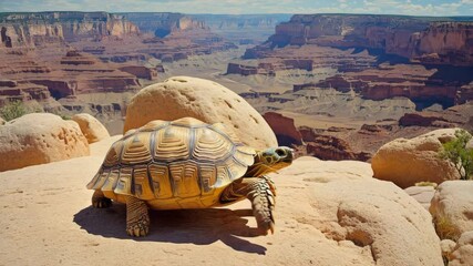 Poster - Desert tortoise crawling between rocks in arid canyon under bright sun. Harsh light, cracked textures, ancient resilience.
