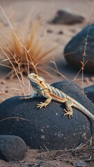 Poster - Small lizard basking on warm stone with heat waves rising. Sharp scales, desert flora, summer tension.
