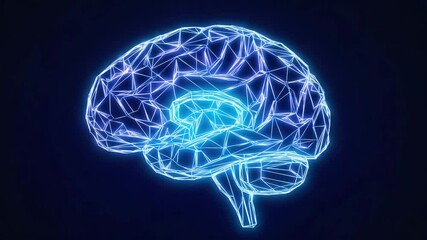 Poster - Abstract representation of human brain with glowing neuron network on black background. AI meets biology, sharp lines, conceptual design.
