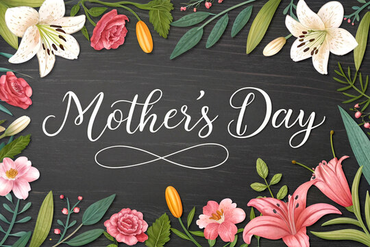 Elegant Mother’s Day Greeting with Floral Frame, Cursive Font, Dark Background