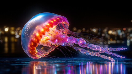 Aufkleber - Glowing jellyfish made of lightbulbs illuminates night with vibrant colors, creating mesmerizing and surreal scene against cityscape backdrop