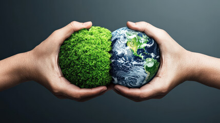 Poster - Two hands hold green moss sphere and globe, symbolizing environmental conservation and global responsibility. image highlights balance between nature and human impact