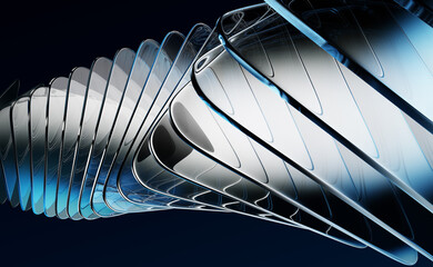Poster - Abstract black 3d background with row of glass transparent square plate shapes render. Futuristic speed design digital tech network bg. Crystal data array with light blue gradient. 3D illustration