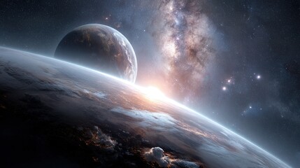 Wall Mural - A breathtaking view of a planet with a rising sun and another planet in the background. The Milky Way Galaxy is visible in the upper right corner of the image, adding to the overall celestial beauty.