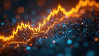 Poster - abstract visualization financial growth market trends. luminous golden line chart overlay shimmering