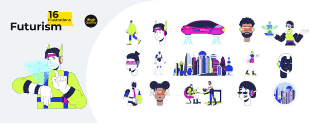 Fototapete - futurism and sci-fi technology cartoon flat illustrations mega bundle. scifi wearable, hologram, fly