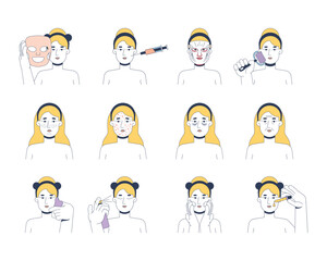 Fototapete - skincare routine and skin problems 2d vector illustrations set. cosmetic applying, gua sha, micronee