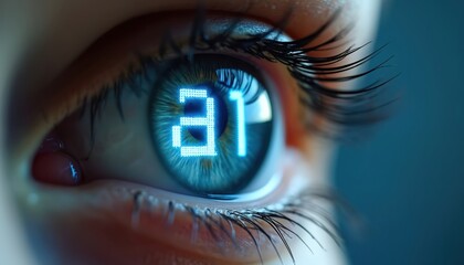 Poster - Intense close-up eye showing AI word. Symbolic representation of artificial intelligence impact on human cognition, science tech innovations, digital world transformation. Futuristic concepts,