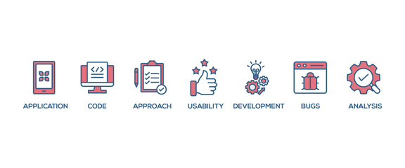 Poster - Software testing banner web icon vector illustration concept with icon of analysis, development, application, code, approach, usability, and bugs