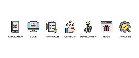 Poster - Software testing banner web icon vector illustration concept with icon of analysis, development, application, code, approach, usability, and bugs