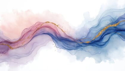 Poster - Abstract watercolor wave with gold accents on white. Blue pink tones fluid style art background, artistic design for poster, card, banner. Modern watercolor art illustration. Trendy elegant creative