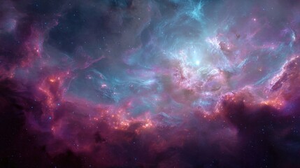 a mesmerizing cosmic landscape, painted in vibrant hues of purple and teal. stars dust the expanse, 