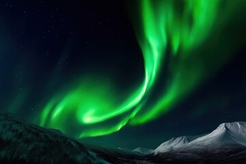 green aurora borealis over snowy mountains. night sky lights in arctic winter scene