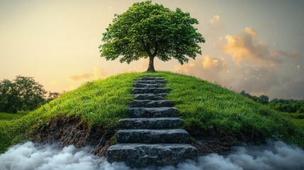 Wall Mural - Peaceful nature scene with lush tree and hill
