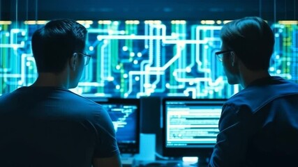 Two programmers analyze complex data on computer screens in a dark room.