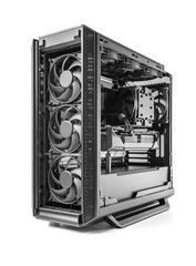 Poster - A powerful custom-built PC case featuring triple front intake fans and high-end internal components for optimized cooling and performance.