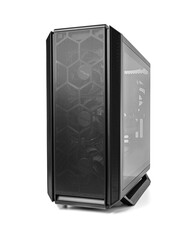 Poster - A sleek black PC case with a mesh front panel and tempered glass side, built for optimal airflow and a clean, modern look.