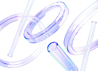 Leinwandbilder - Abstract 3d background with glass liquid transparent geometric shapes render. Dynamic bg with circle rings and tube lines. Flying iridescent figures with holographic gradient texture