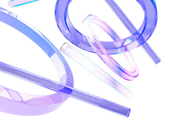 Leinwandbilder - Abstract holographic 3d background with glass transparent circular rings and tubes render. Iridescent crystal light geometric pattern. Fashion banner with floating gradient figures