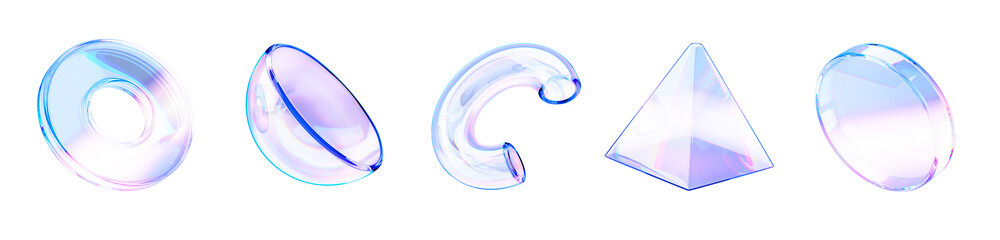 Poster - 3d glass liquid holographic transparent geometric shapes render icon set. Abstract gradient fluid figures triangle, cylinder, half sphere, torus, circle tube objects isolated elements