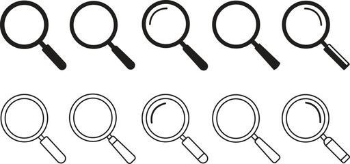 Poster - Search icon vectors set flat, outline style. Magnifying glass symbols. Zoom in and zoom out signs isolated on transparent background. Loupe button illustration for website, user interfaces, printable.