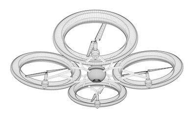 Poster - A drawing of a four-sided drone with a camera on the front. The drone is white and black and has a black and white color scheme. The drone is designed to fly in space and has a futuristic look to it