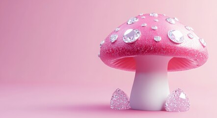 Poster - Pink mushroom with diamond spots on pink background creates fantasy scene