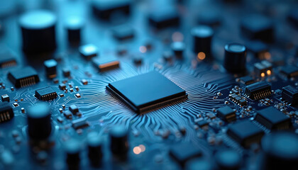 Fototapete - Close-up of detailed circuit board. Electronic components, chips, processor, capacitors. Tech engineering background, digital tech design, innovation, computing.