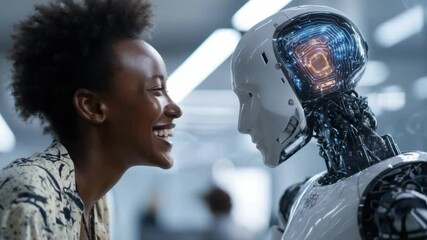 Human and AI Connection: A portrait of an individual and a humanoid robot in a compelling moment, symbolizing the intersection of human interaction and technology. Evokes themes of connection.