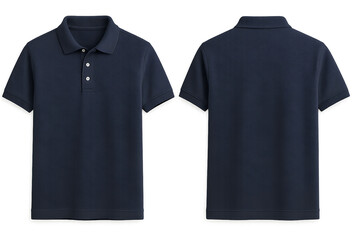 classic navy blue polo shirt mockup showing front and back view of short sleeve cotton top with butt