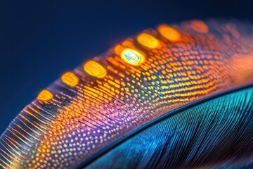 Fototapete - Close-up of a vibrant bird feather showcasing intricate details and iridescent colors.