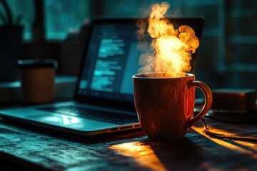 Aufkleber - A steaming mug of coffee sits on a wooden desk next to a laptop displaying code, creating a cozy coding atmosphere.