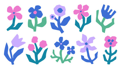Wall Mural - Set of abstract cut-out flowers in flat naive style. Simple doodle botanical elements.