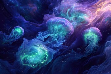 Aufkleber - Glowing jellyfish drift in a cosmic nebula, a surreal and beautiful underwater scene.