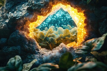 Aufkleber - Glowing rock crevice reveals a hidden, ethereal underwater scene with luminous plants.