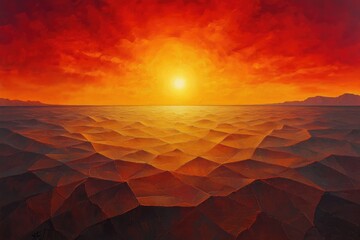 Poster - Fiery sunset over a vast, geometric landscape, creating a dramatic and surreal scene.